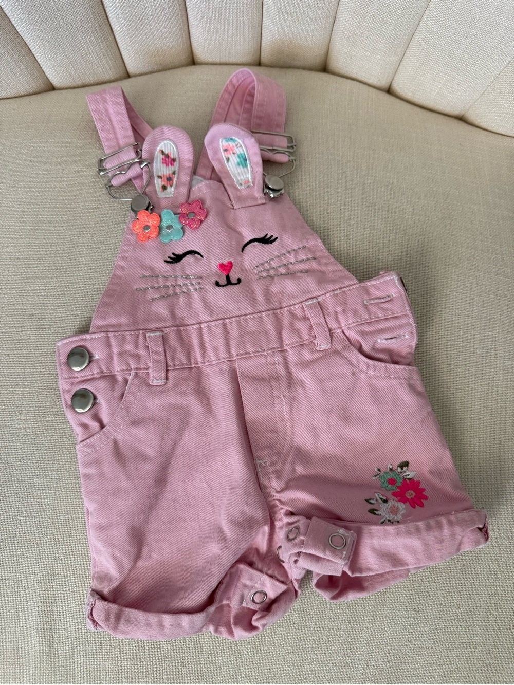 3-6mos PINK baby BUNNY cute cotton short overalls flower embroidered embellished